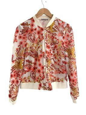Floral Embroidered Bomber Jacket Full Zip Long Sleeve Size Medium Spring Summer